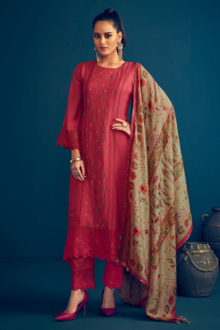 Pure Muga Silk Dark Pink Color Borer Embroidered Unstitched Salwar Suit Set