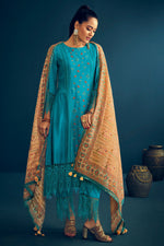 Load image into Gallery viewer, Cyan Color Pure Muga Silk Borer Embroidered Unstitched Salwar Suit Set