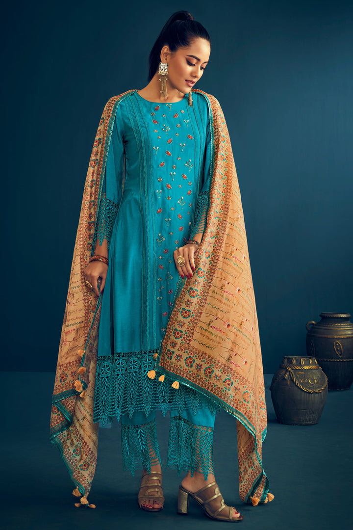Cyan Color Pure Muga Silk Borer Embroidered Unstitched Salwar Suit Set