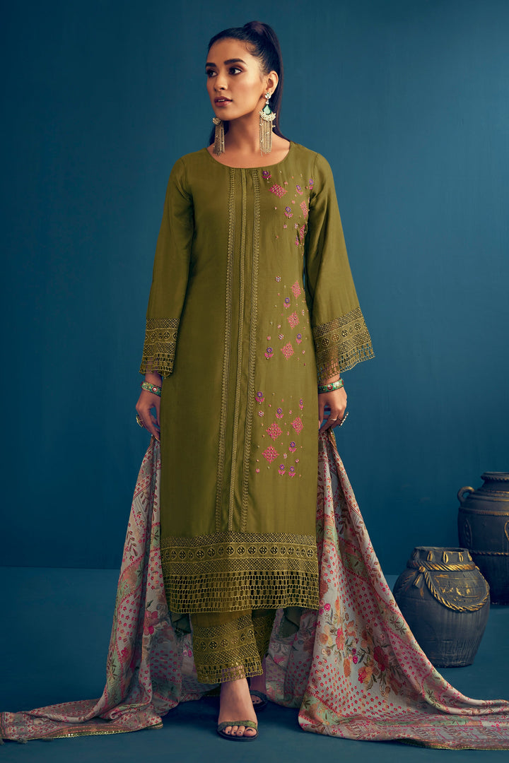 Pure Muga Silk Green Color Borer Embroidered Unstitched Salwar Suit Set