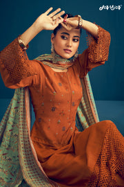 Rust Color Pure Muga Silk Borer Embroidered Unstitched Salwar Suit set