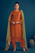 Load image into Gallery viewer, Rust Color Pure Muga Silk Borer Embroidered Unstitched Salwar Suit set