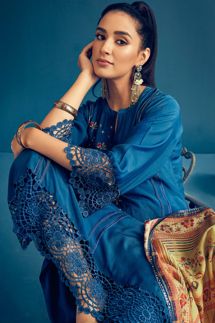 Blue Color Pure Muga Silk Borer Embroidered Unstitched Salwar Suit Set