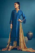 Load image into Gallery viewer, Blue Color Pure Muga Silk Borer Embroidered Unstitched Salwar Suit Set