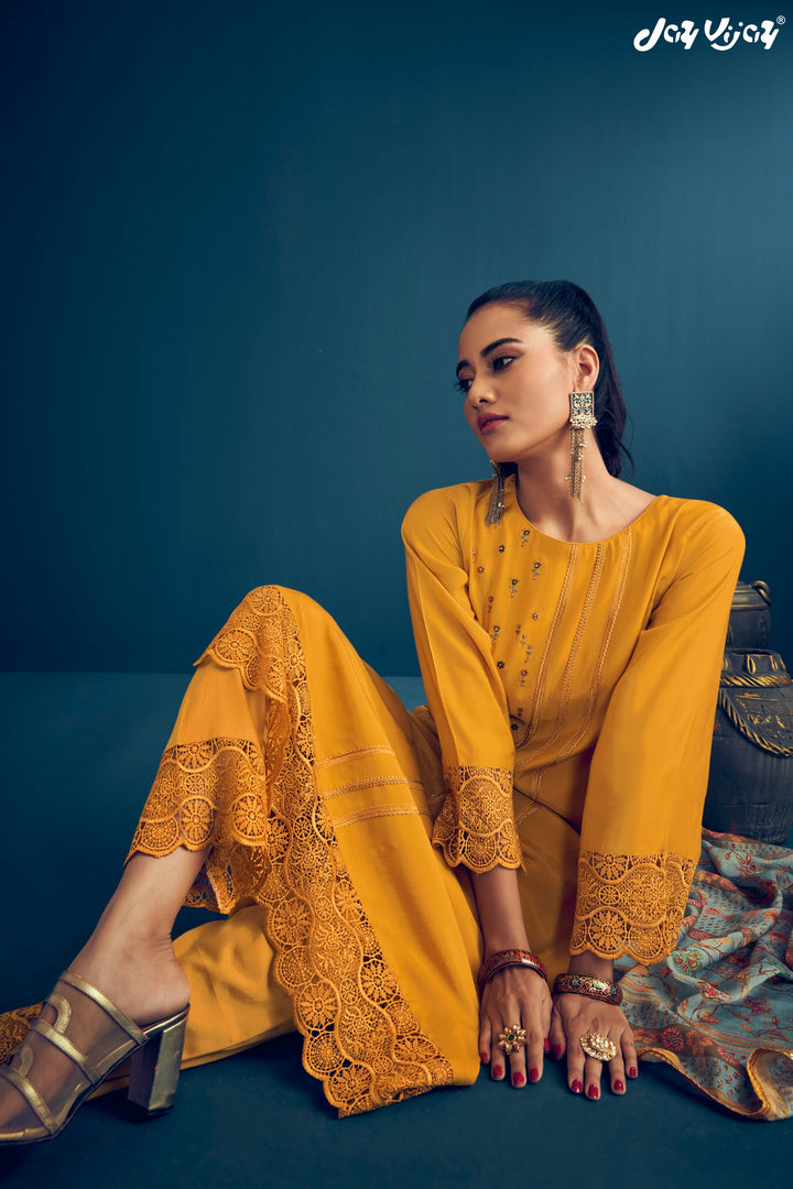 Mustard Color Pure Muga Silk Borer Embroidered Unstitched Salwar Suit Set