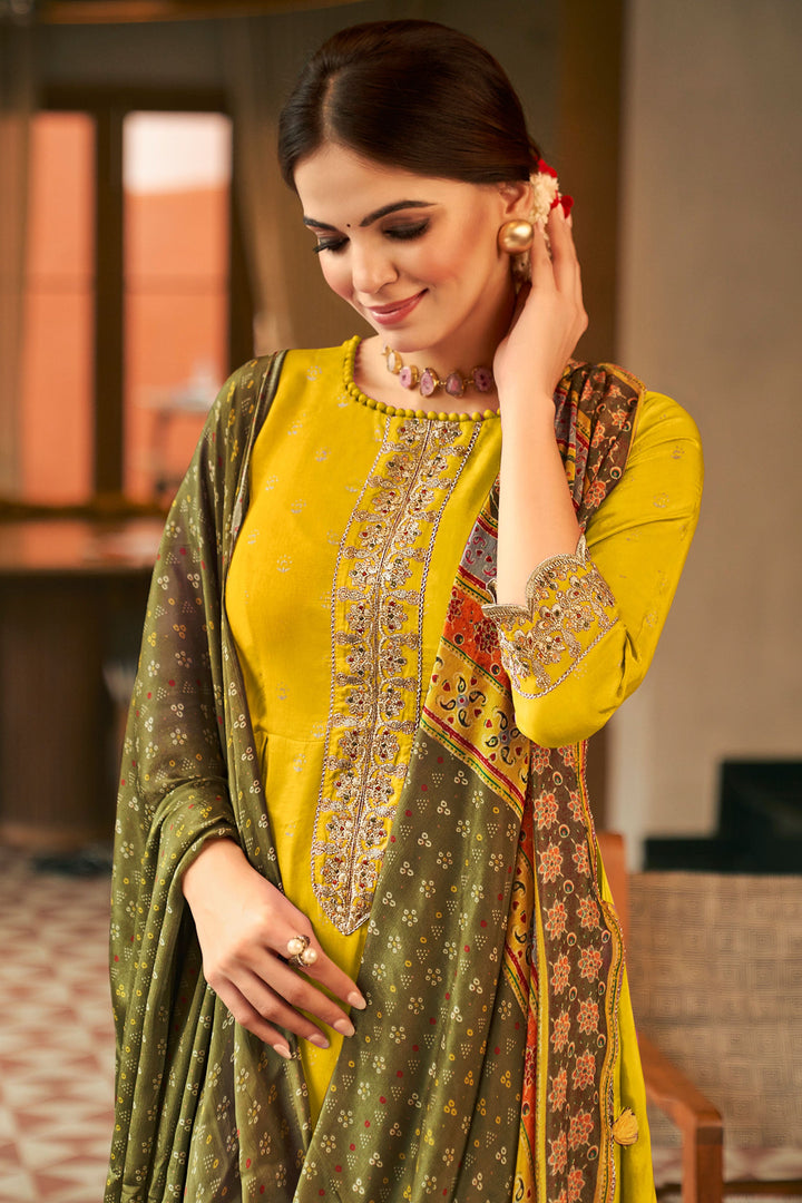 Yellow Color Pure Russian Silk Gold Print Party Wear Designer Anarkali Style Salwar Kameez