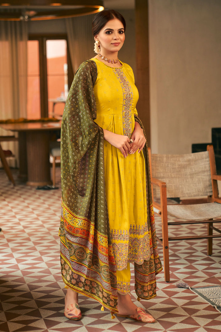 Yellow Color Pure Russian Silk Gold Print Party Wear Designer Anarkali Style Salwar Kameez