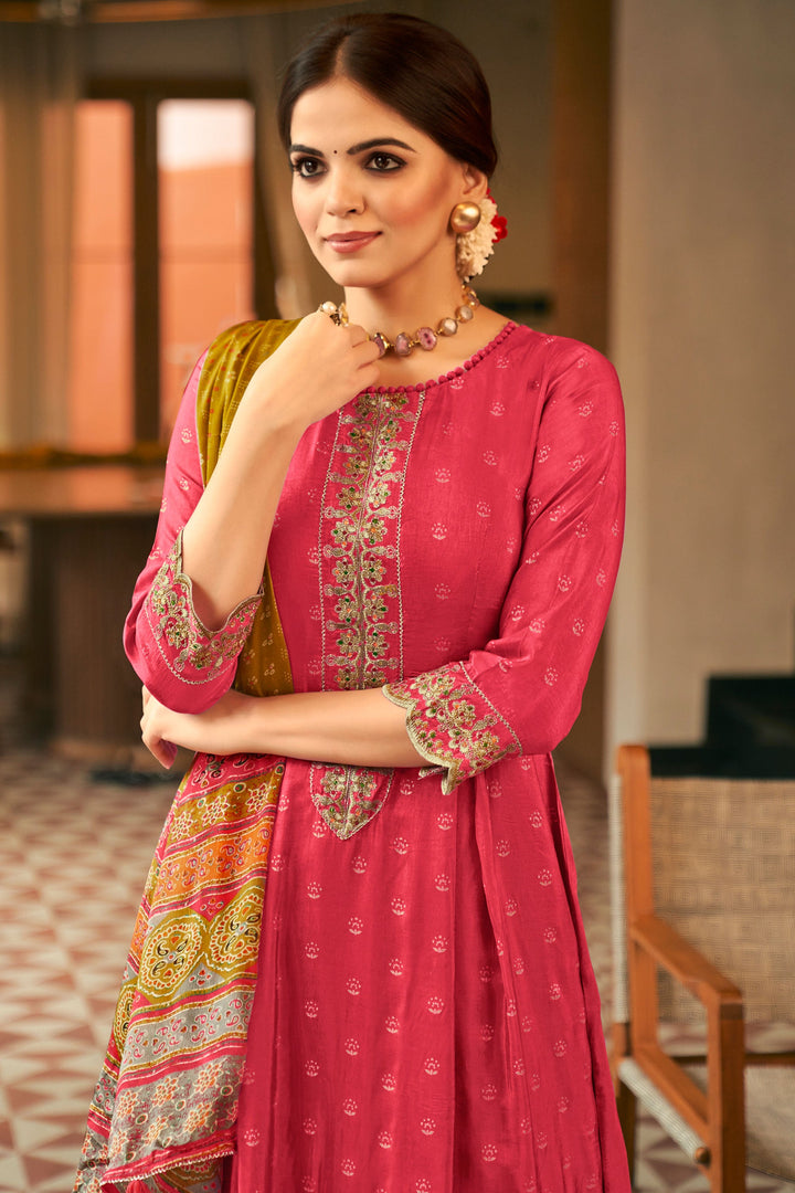 Pink Color Pure Russian Silk Gold Print Party Wear Designer Anarkali Style Salwar Suit