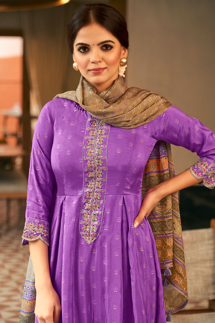 Purple Color Pure Russian Silk Gold Print Party Wear Designer Anarkali Style Suit