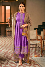 Load image into Gallery viewer, Purple Color Pure Russian Silk Gold Print Party Wear Designer Anarkali Style Suit