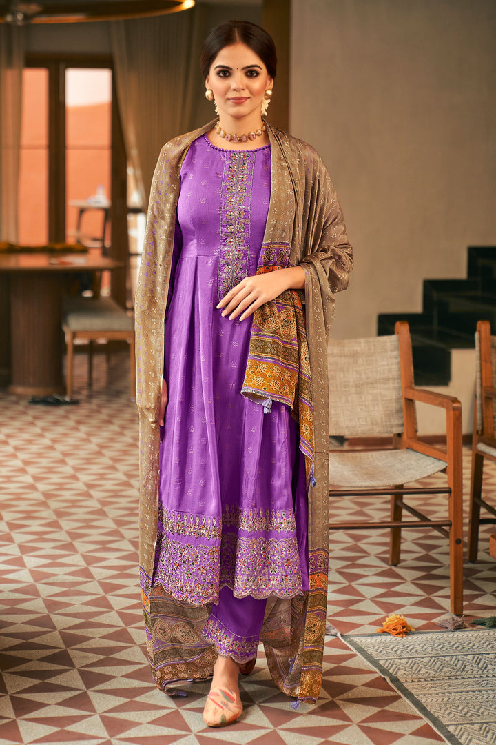 Purple Color Pure Russian Silk Gold Print Party Wear Designer Anarkali Style Suit