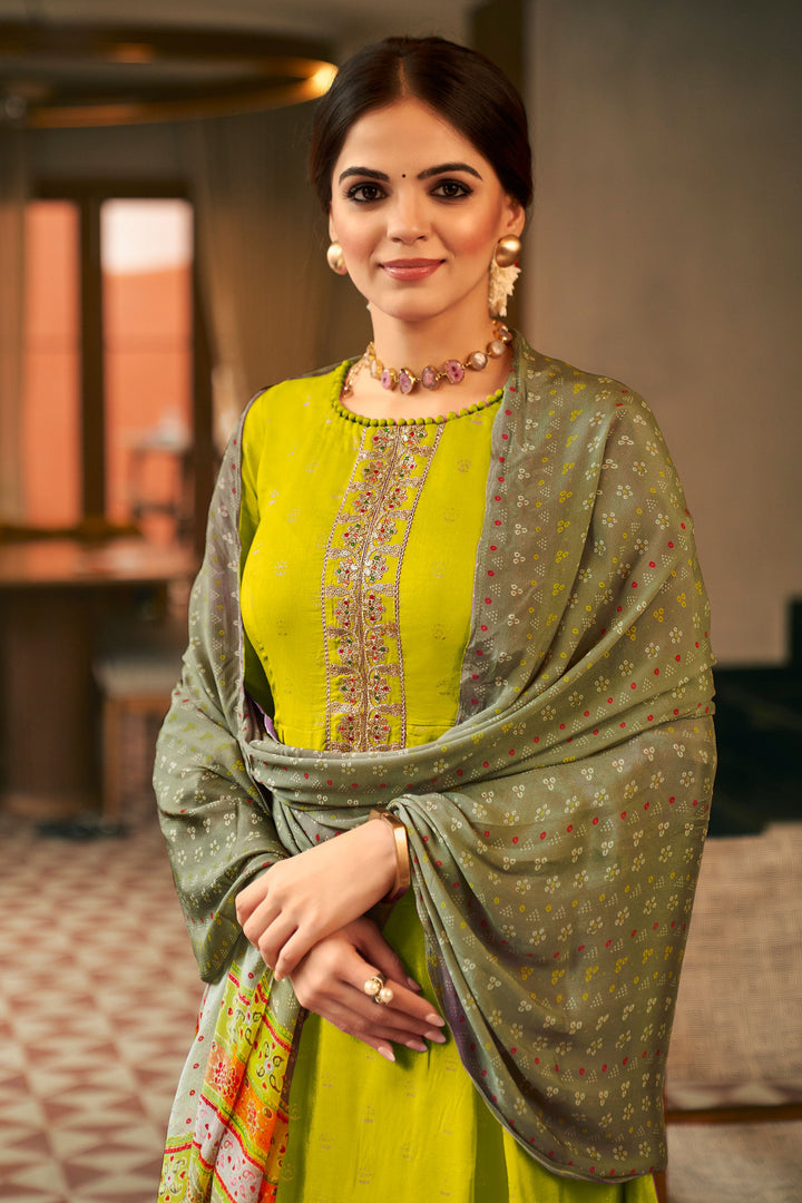 Green Color Pure Russian Silk Gold Print Party Wear Designer Anarkali Style Salwar Suit