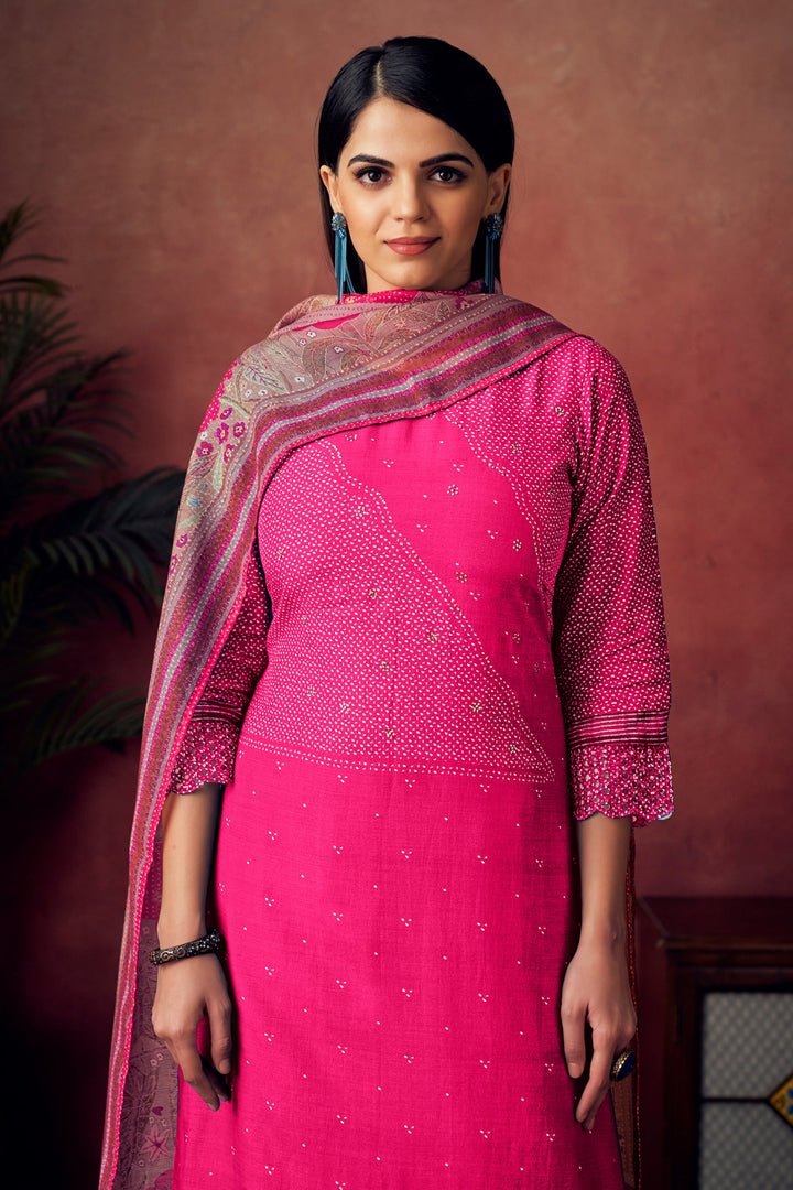Rani Color Pure Muslin Silk Gold Lining Digital Print Long Straight Cut Salwar Suit