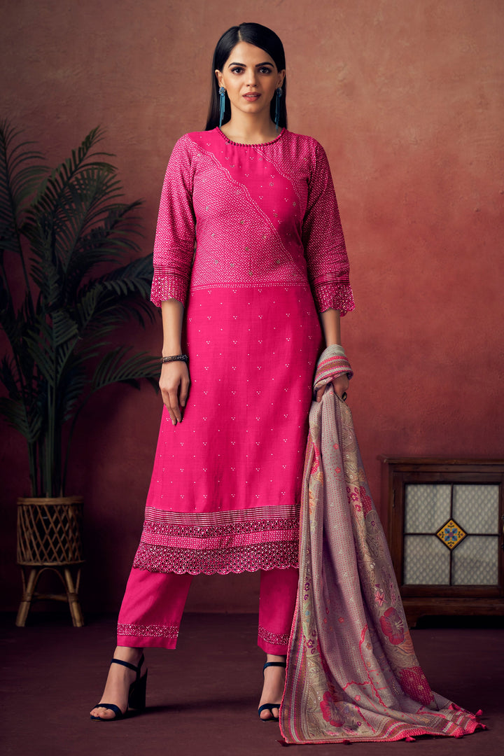 Rani Color Pure Muslin Silk Gold Lining Digital Print Long Straight Cut Salwar Suit