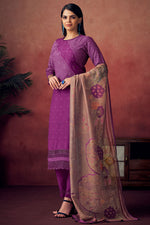 Load image into Gallery viewer, Pure Muslin Silk Gold Lining Digital Print Purple Color Long Straight Cut Salwar Kameez