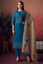 Load image into Gallery viewer, Teal Color Pure Muslin Silk Gold Lining Digital Print Long Straight Cut Suit