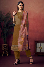 Load image into Gallery viewer, Pure Muslin Silk Gold Lining Digital Print Long Straight Cut Salwar Kameez In Brown Color