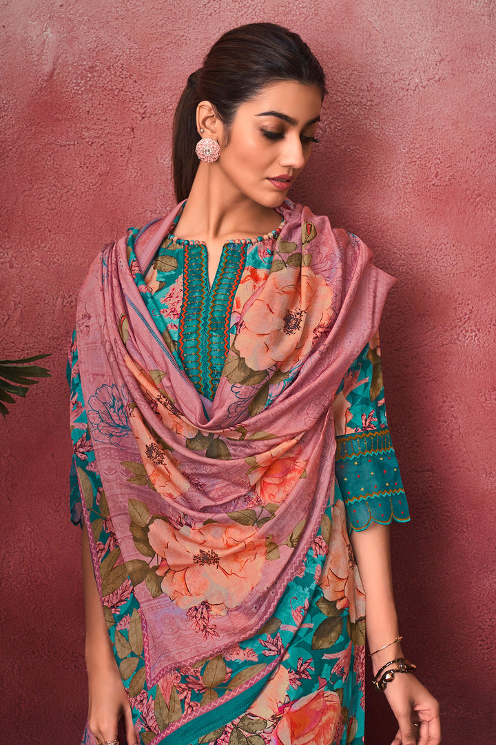 Pure Russian Silk Digital Print Daily Wear Salwar Suit In Cyan Color