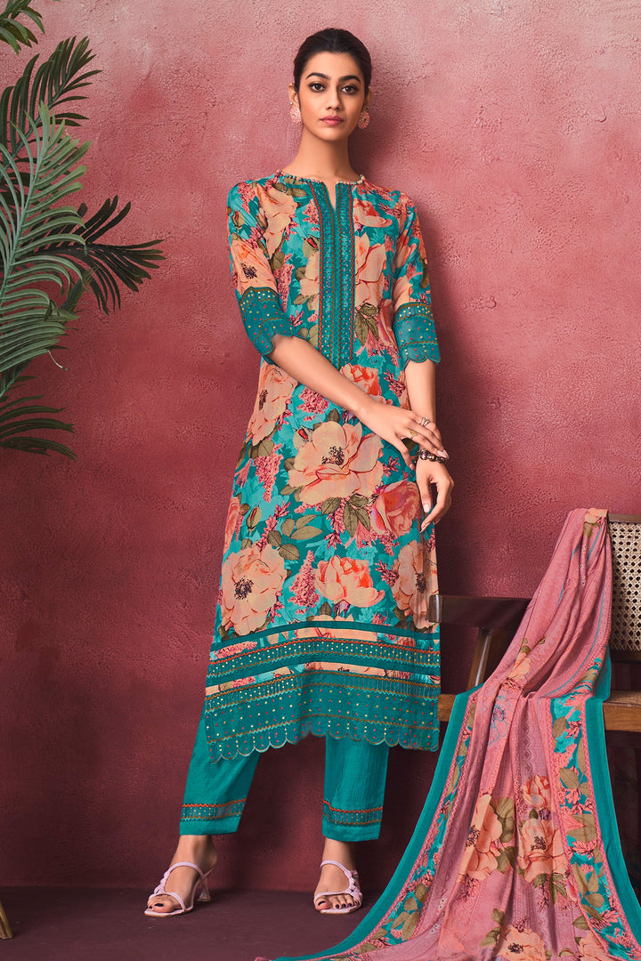 Pure Russian Silk Digital Print Daily Wear Salwar Suit In Cyan Color