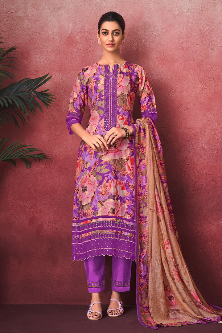 Pure Russian Silk Digital Print Daily Wear Salwar Kameez In Purple Color