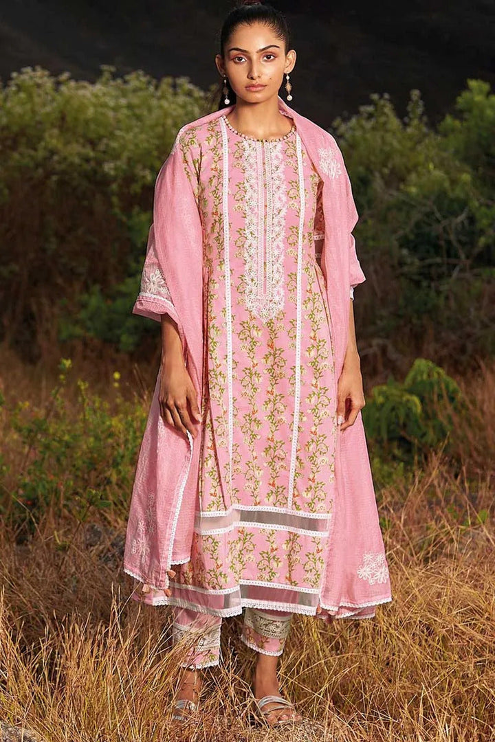 Light pink pure cotton block printed unstitched salwar suit set
