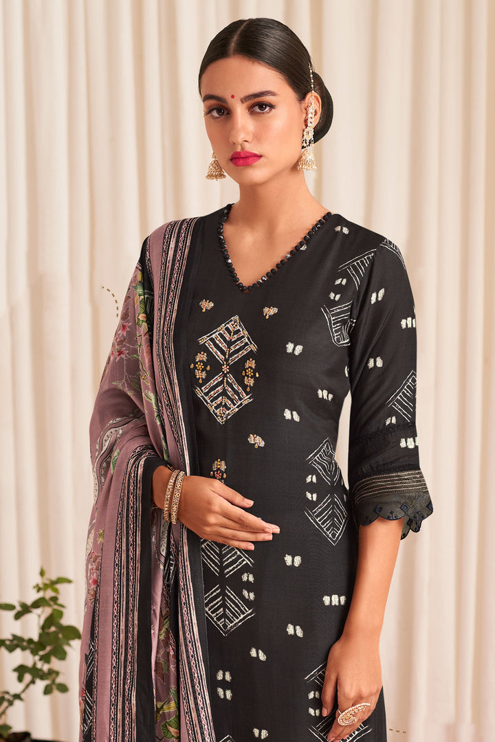 Pure Muslin Silk Digital Print Casual Salwar Suit In Black Color