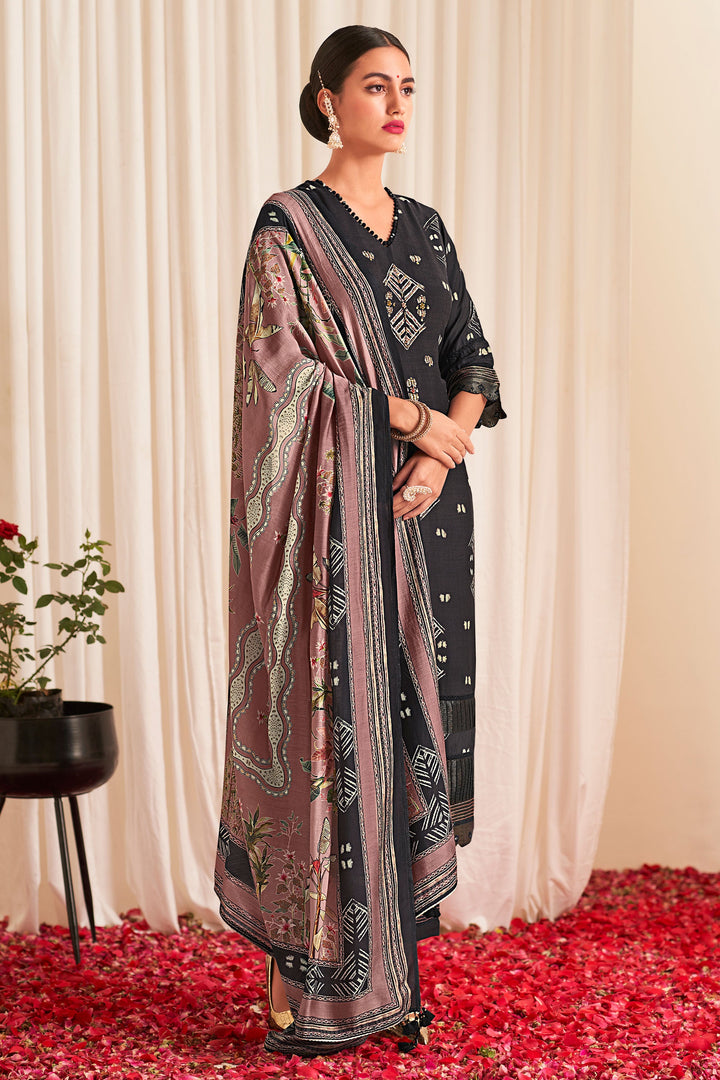 Pure Muslin Silk Digital Print Casual Salwar Suit In Black Color