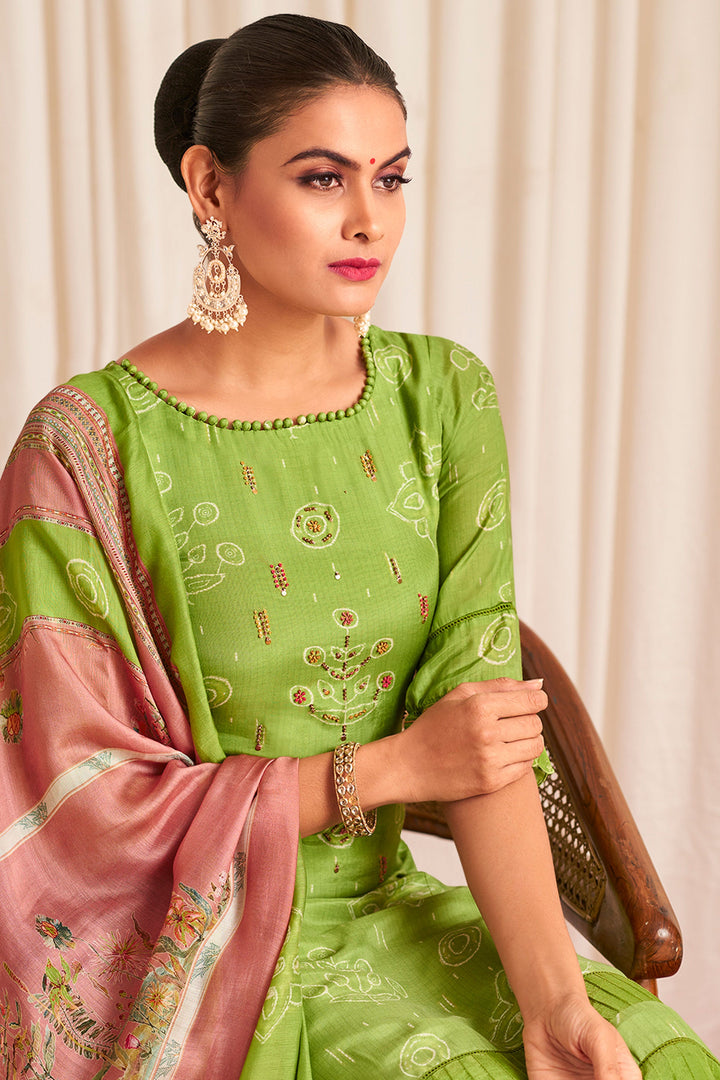 Pure Muslin Silk Digital Print Green Color Salwar Kameez