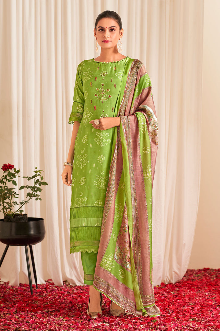 Pure Muslin Silk Digital Print Green Color Salwar Kameez