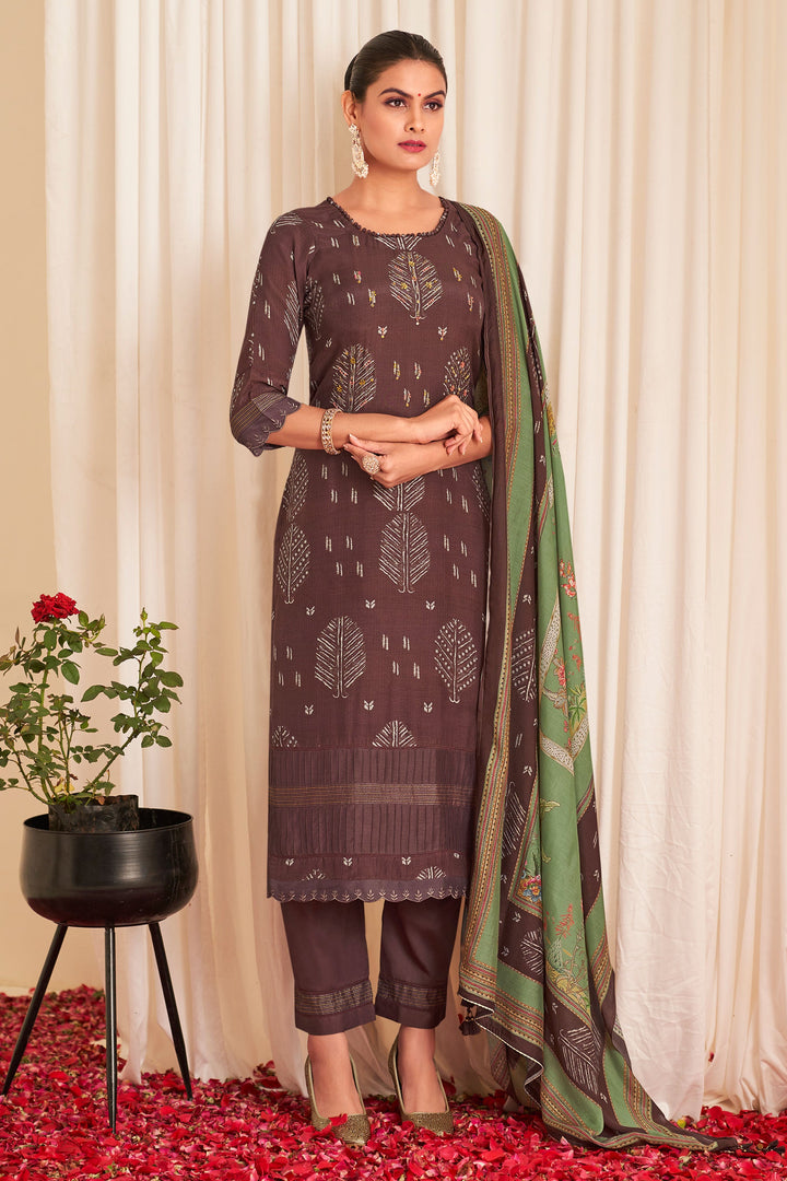 Brown Color Pure Muslin Silk Digital Print Casual Salwar Kameez