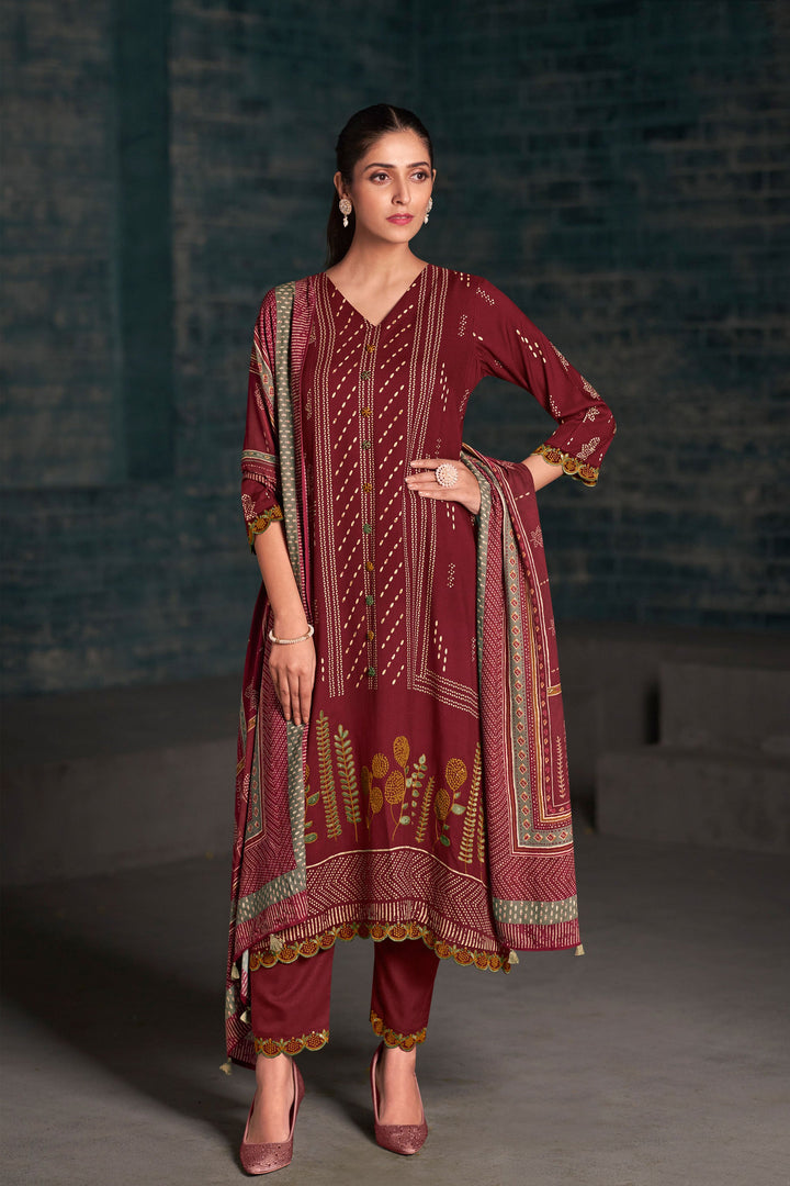Pure Pashmina Digital Print Function Wear Straight Cut Salwar Kameez In Maroon Color