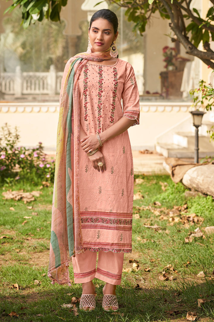 Placement Embroidery And Print Patti Designer Salwar Suit In Peach Color
