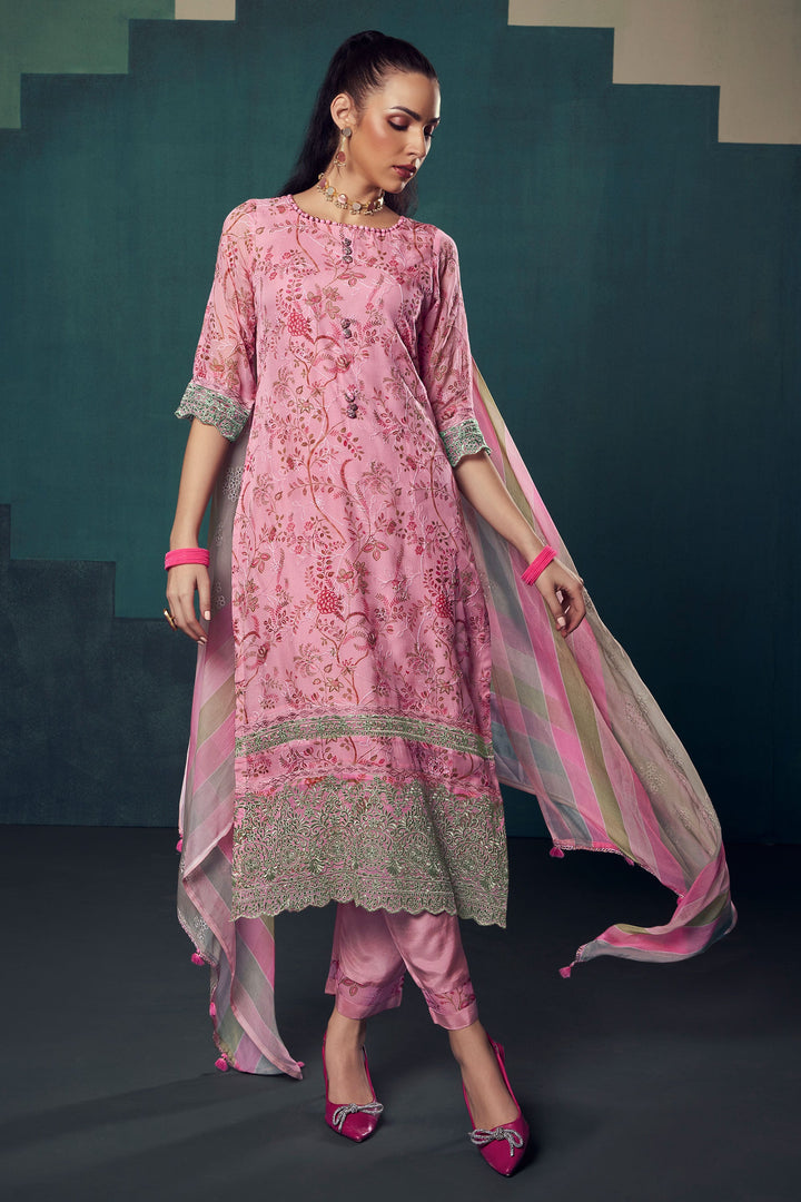 Pink Color Pure Organza Digital Printed Long Straight Cut Salwar Kameez