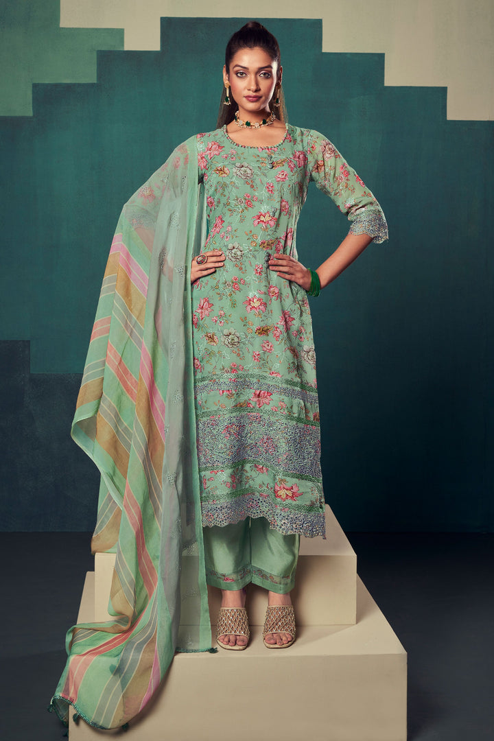 Sea Green Color Pure Organza Digital Printed Long Straight Cut Salwar Suit