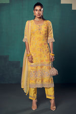 Load image into Gallery viewer, Yellow Color Pure Organza Digital Printed Long Straight Cut Suit