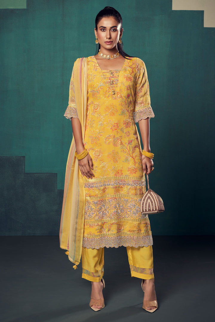 Yellow Color Pure Organza Digital Printed Long Straight Cut Suit