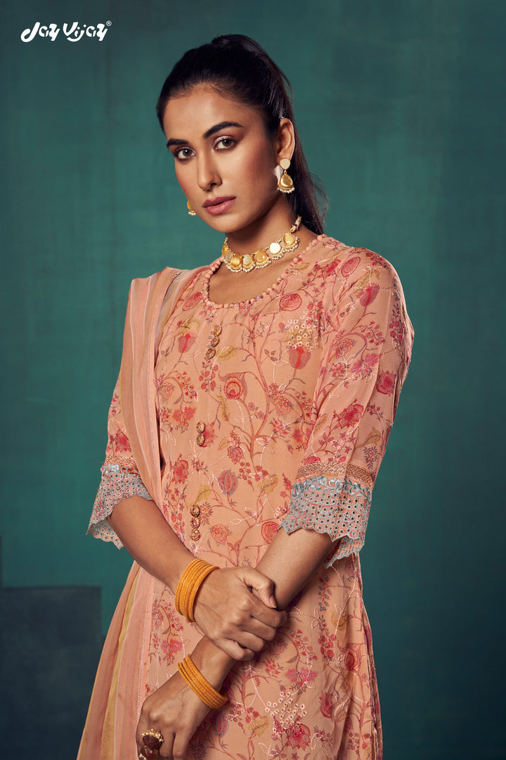Peach Color Pure Organza Digital Printed Long Straight Cut Salwar Suit