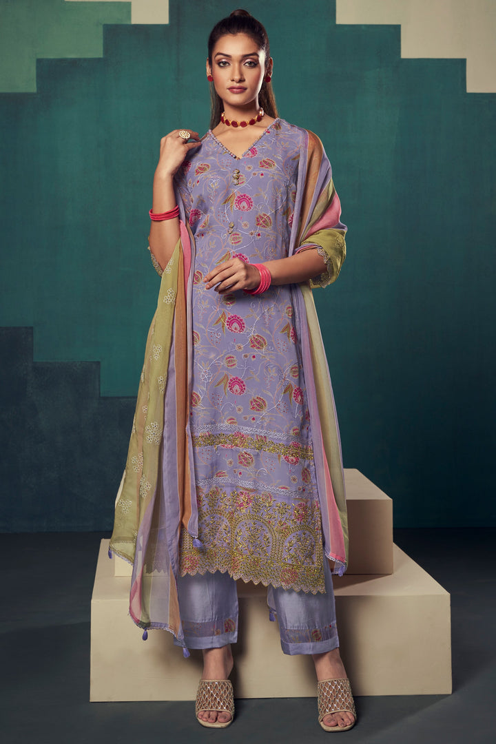 Lavender Color Pure Organza Digital Printed Long Straight Cut Salwar Kameez