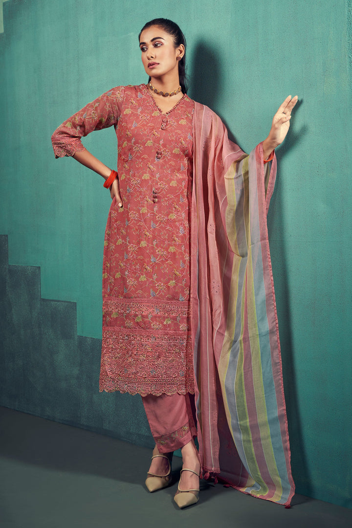 Pink Color Pure Organza Digital Printed Long Straight Cut Salwar Suit