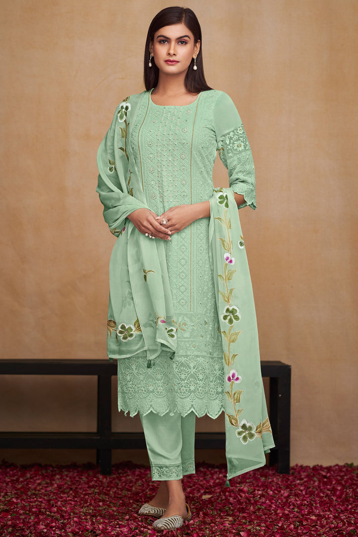 Pure Bemberg Georgette Fabric Embroidered Daily Wear Sea Green Color Designer Straight Cut Salwar Kameez