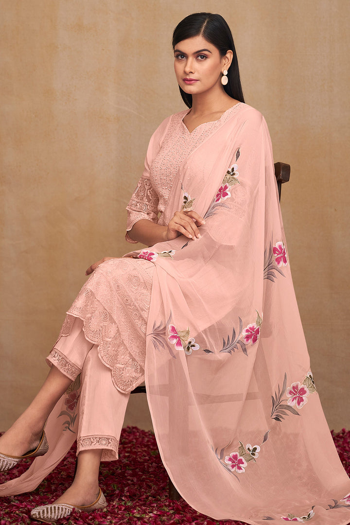 Pure Bemberg Georgette Fabric Embroidered Function Wear Fancy Peach Color Straight Cut Salwar Suit