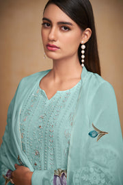 Pure Bemberg Georgette Fabric Embroidered Festive Wear Stylish Straight Cut Salwar Suit In Light Cyan Color