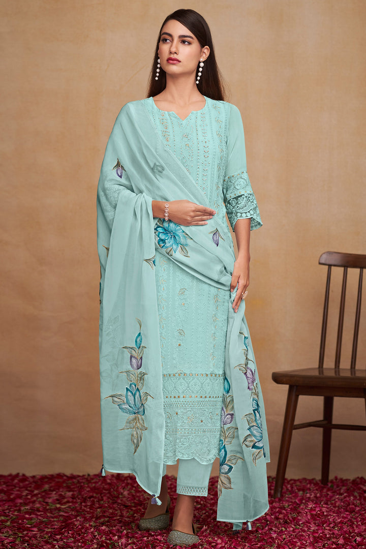 Pure Bemberg Georgette Fabric Embroidered Festive Wear Stylish Straight Cut Salwar Suit In Light Cyan Color