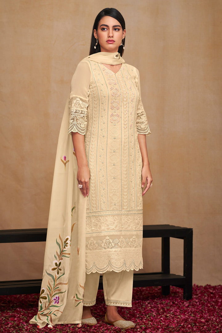 Cream Color Embroidered Pure Bemberg Georgette Fabric Casual Wear Trendy Straight Cut Salwar Kameez