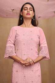 Pink Color Embroidered Daily Wear Pure Bemberg Georgette Fabric Designer Straight Cut Salwar Suit