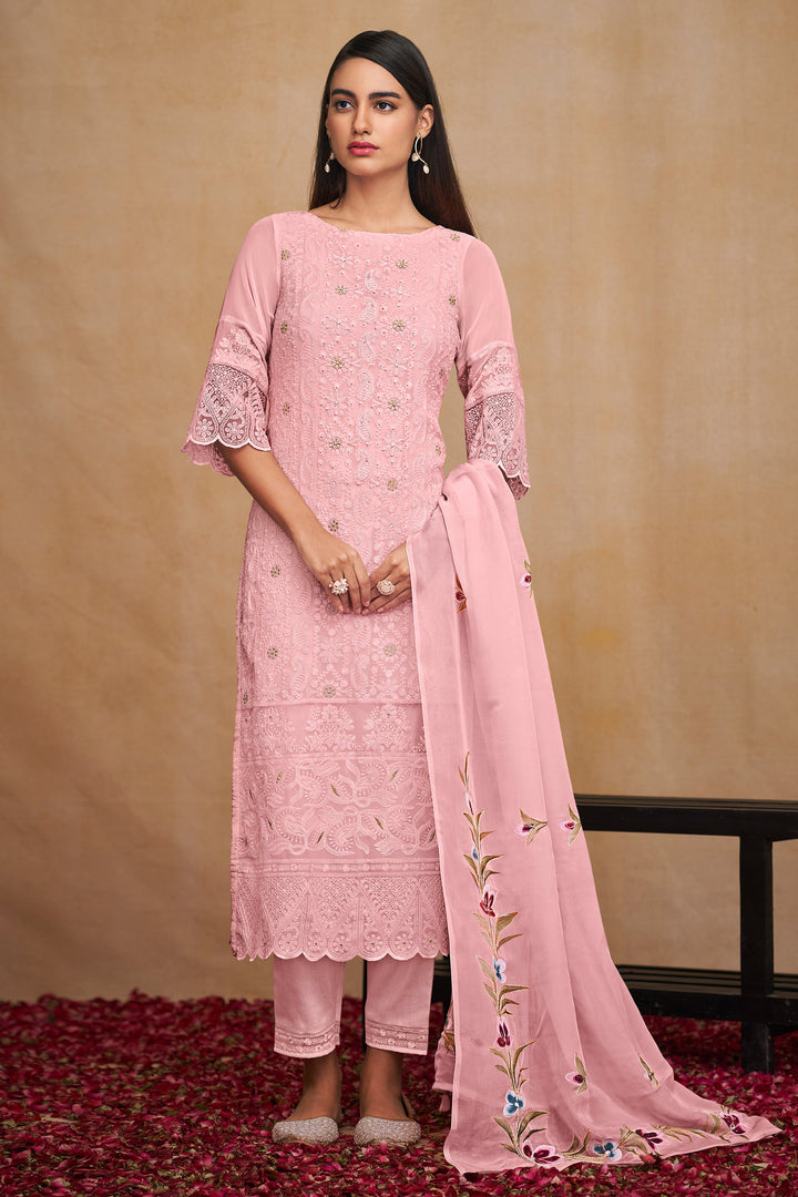 Pink Color Embroidered Daily Wear Pure Bemberg Georgette Fabric Designer Straight Cut Salwar Suit