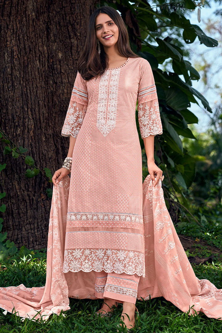 Peach color Pure Cotton Khadi Block Print Salwar Suit With Embroidery