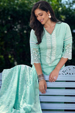 Load image into Gallery viewer, Pure Cotton Cyan Color Salwar Suit With Embroidery And Print