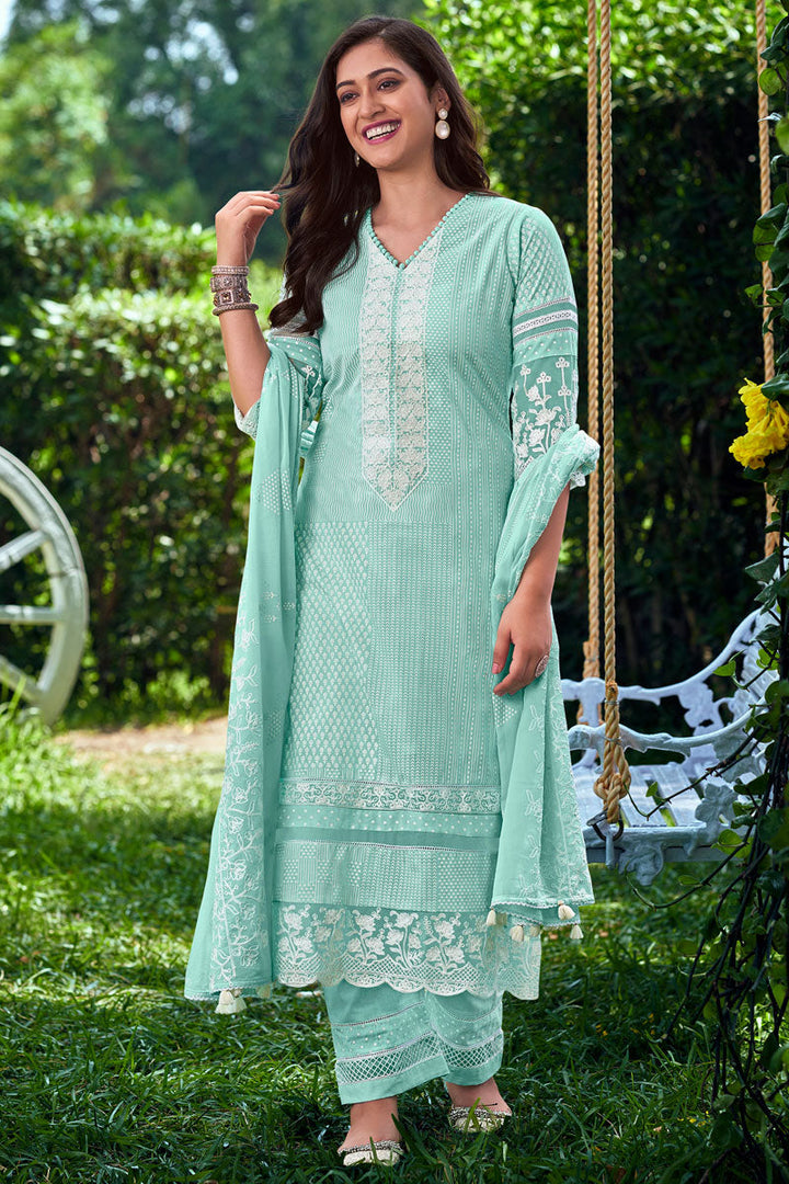 Pure Cotton Cyan Color Salwar Suit With Embroidery And Print