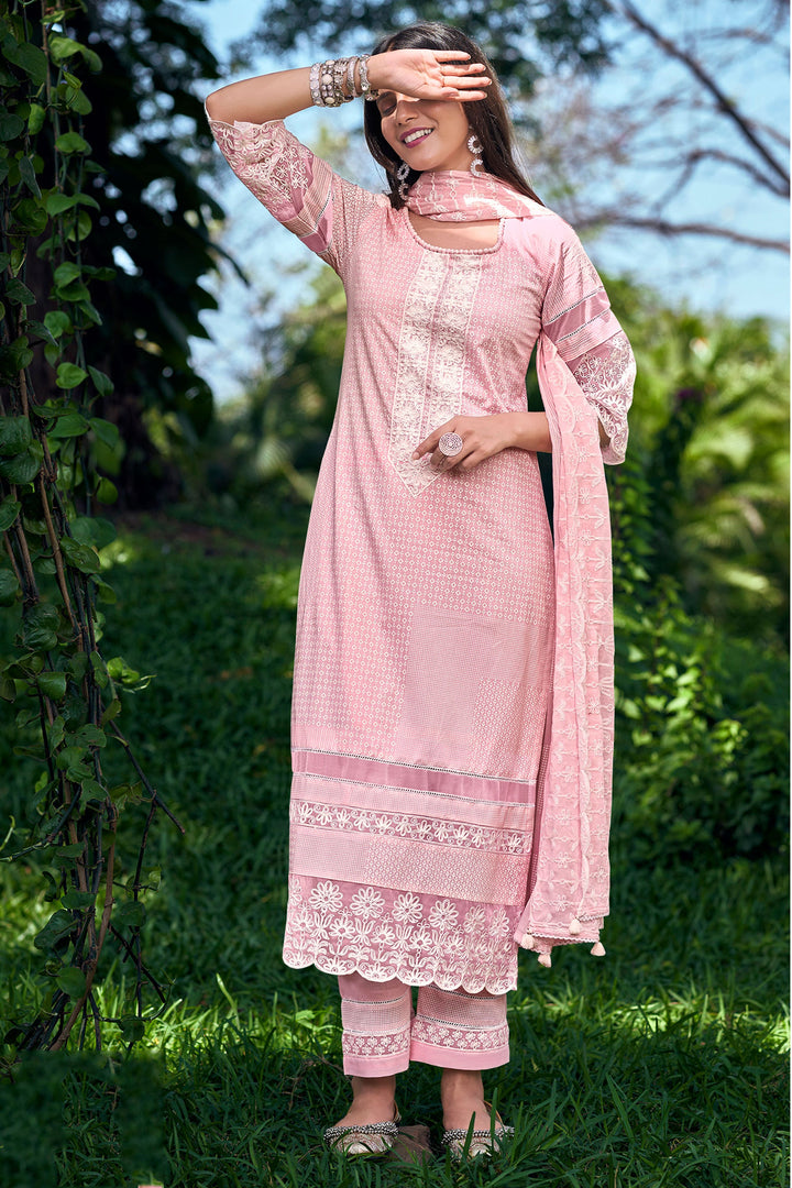 Pure Cotton Embroidery Pink Salwar Suit With Block Khadi Print Dupatta
